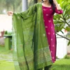 Women's Pink Kontina Suit Art Silk Kurti Pant Dupatta | Ethnic Straight Kurta with Green Pant & Dupatta | Traditional Festive-Wear Suit Set for Women