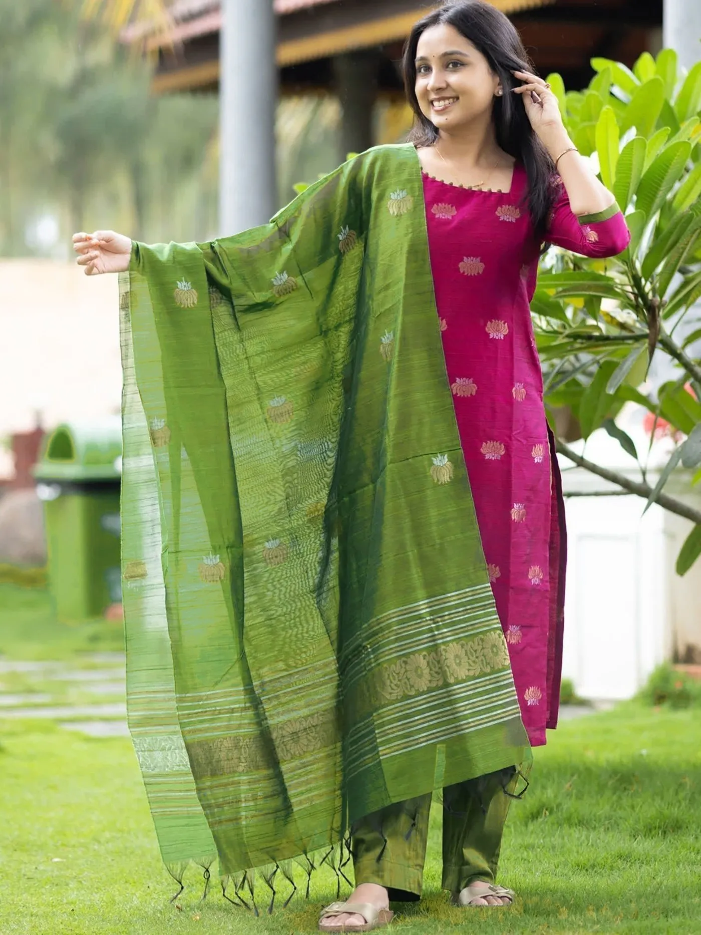 Women's Pink Kontina Suit Art Silk Kurti Pant Dupatta | Ethnic Straight Kurta with Green Pant & Dupatta | Traditional Festive-Wear Suit Set for Women