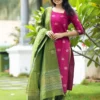Women's Pink Kontina Suit Art Silk Kurti Pant Dupatta | Ethnic Straight Kurta with Green Pant & Dupatta | Traditional Festive-Wear Suit Set for Women