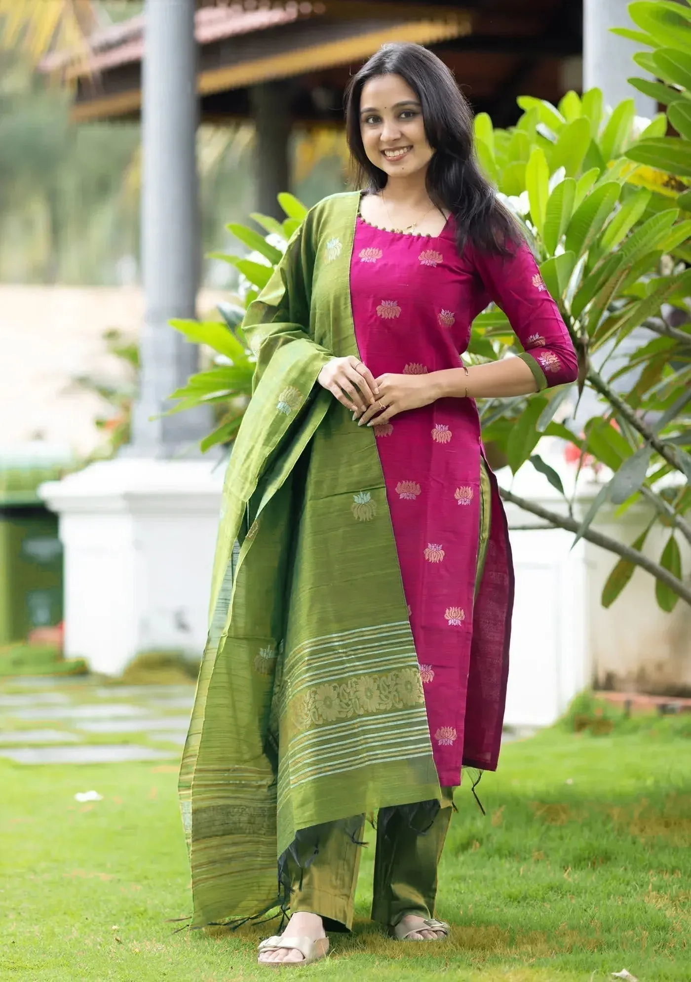 Women's Pink Kontina Suit Art Silk Kurti Pant Dupatta | Ethnic Straight Kurta with Green Pant & Dupatta | Traditional Festive-Wear Suit Set for Women