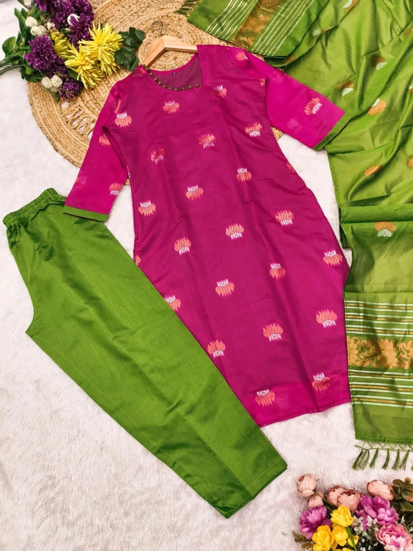 Women's Pink Kontina Suit Art Silk Kurti Pant Dupatta | Ethnic Straight Kurta with Green Pant & Dupatta | Traditional Festive-Wear Suit Set for Women