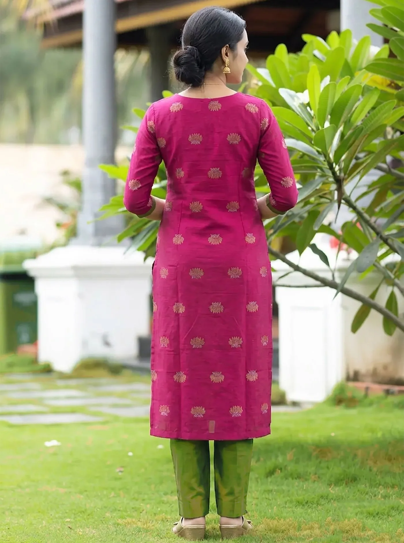 Women's Pink Kontina Suit Art Silk Kurti Pant Dupatta | Ethnic Straight Kurta with Green Pant & Dupatta | Traditional Festive-Wear Suit Set for Women