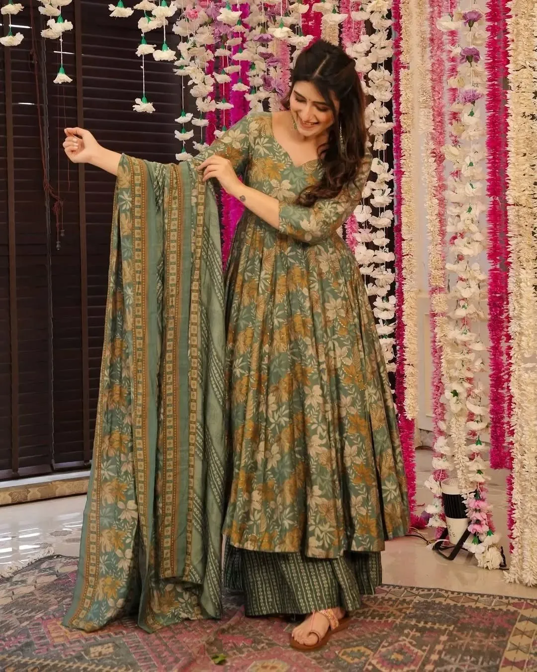 Rayon Chanderi Anarkali Floral Printed Panelled Kurta with Palazzos & With Dupatta