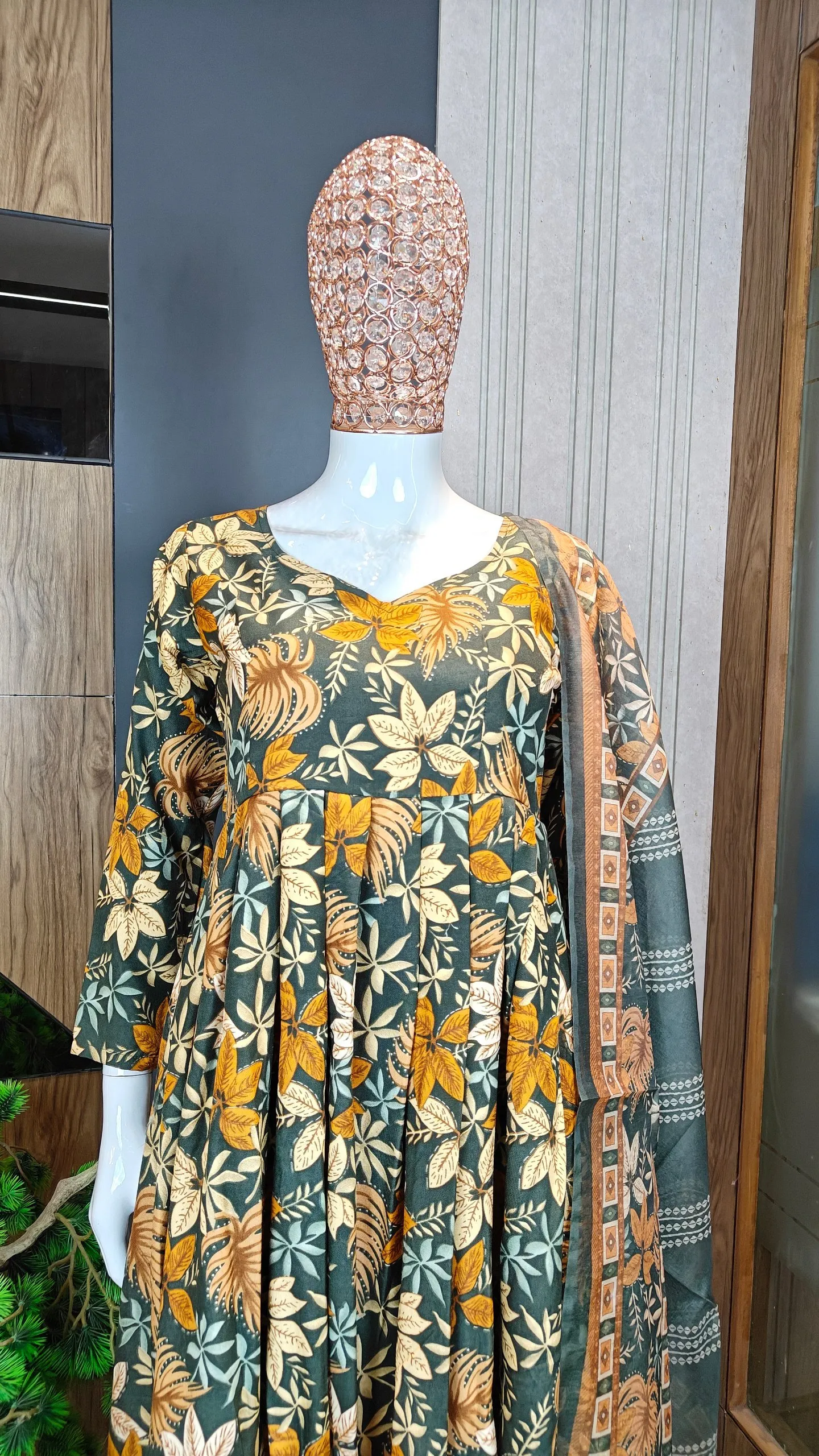 Rayon Chanderi Anarkali Floral Printed Panelled Kurta with Palazzos & With Dupatta