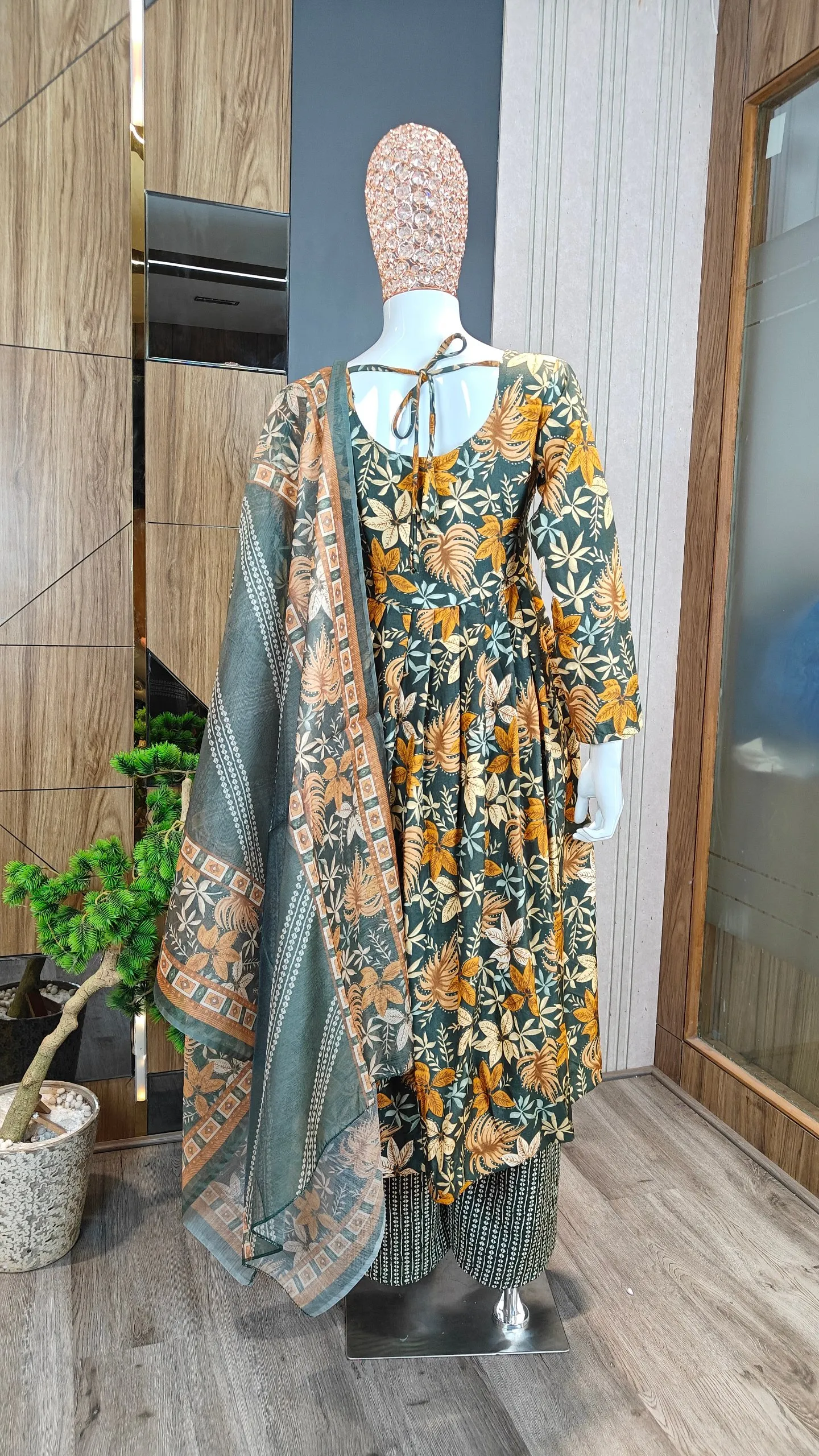 Rayon Chanderi Anarkali Floral Printed Panelled Kurta with Palazzos & With Dupatta