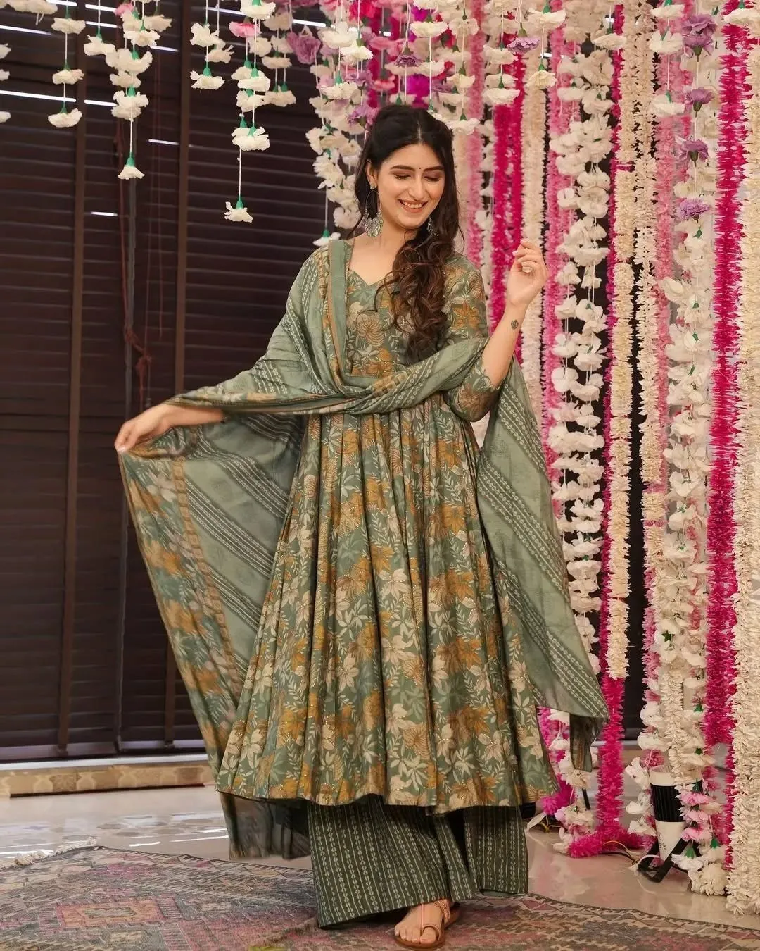 Rayon Chanderi Anarkali Floral Printed Panelled Kurta with Palazzos & With Dupatta