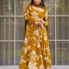 Women Rayon Slub Floral Printed Anarkali Kurta Pant Dupatta Set | V Neck Full Sleeve Ethnic Suit Set | 2.2M Georgette Dupatta