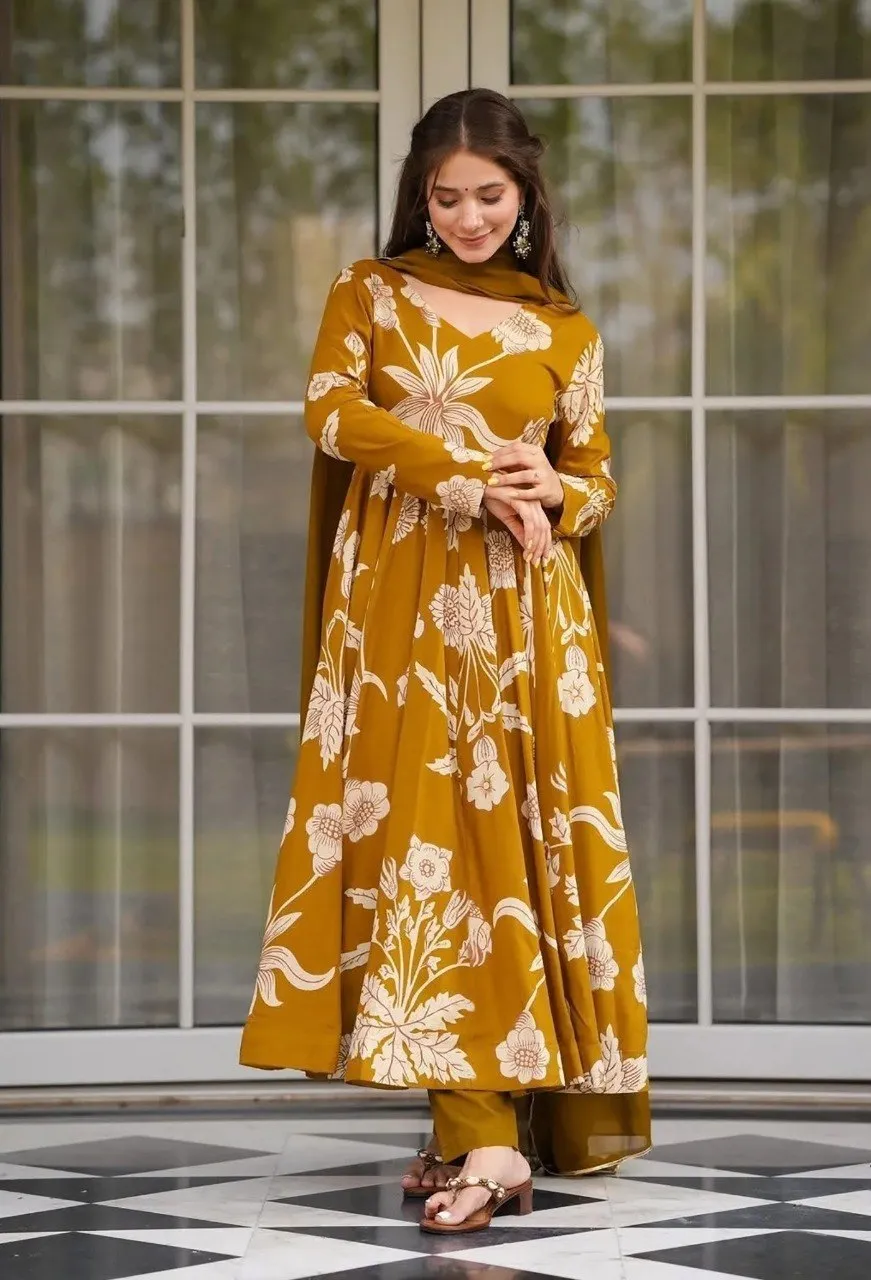 Women Rayon Slub Floral Printed Anarkali Kurta Pant Dupatta Set | V Neck Full Sleeve Ethnic Suit Set | 2.2M Georgette Dupatta