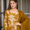 Women Rayon Slub Floral Printed Anarkali Kurta Pant Dupatta Set | V Neck Full Sleeve Ethnic Suit Set | 2.2M Georgette Dupatta