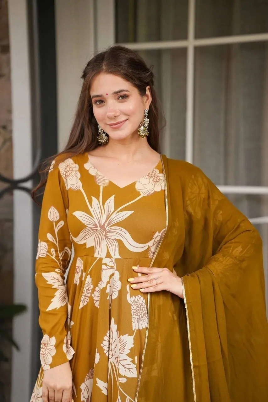 Women Rayon Slub Floral Printed Anarkali Kurta Pant Dupatta Set | V Neck Full Sleeve Ethnic Suit Set | 2.2M Georgette Dupatta
