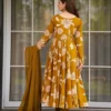 Women Rayon Slub Floral Printed Anarkali Kurta Pant Dupatta Set | V Neck Full Sleeve Ethnic Suit Set | 2.2M Georgette Dupatta