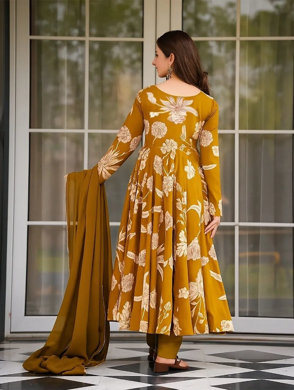 Women Rayon Slub Floral Printed Anarkali Kurta Pant Dupatta Set | V Neck Full Sleeve Ethnic Suit Set | 2.2M Georgette Dupatta