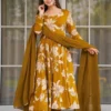 Women Rayon Slub Floral Printed Anarkali Kurta Pant Dupatta Set | V Neck Full Sleeve Ethnic Suit Set | 2.2M Georgette Dupatta