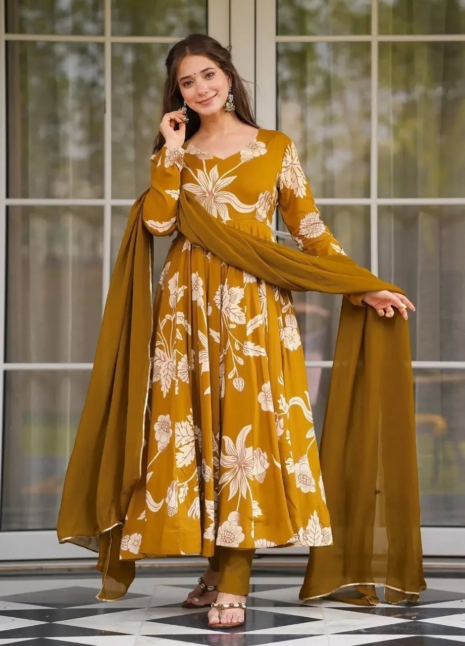 Women Rayon Slub Floral Printed Anarkali Kurta Pant Dupatta Set | V Neck Full Sleeve Ethnic Suit Set | 2.2M Georgette Dupatta