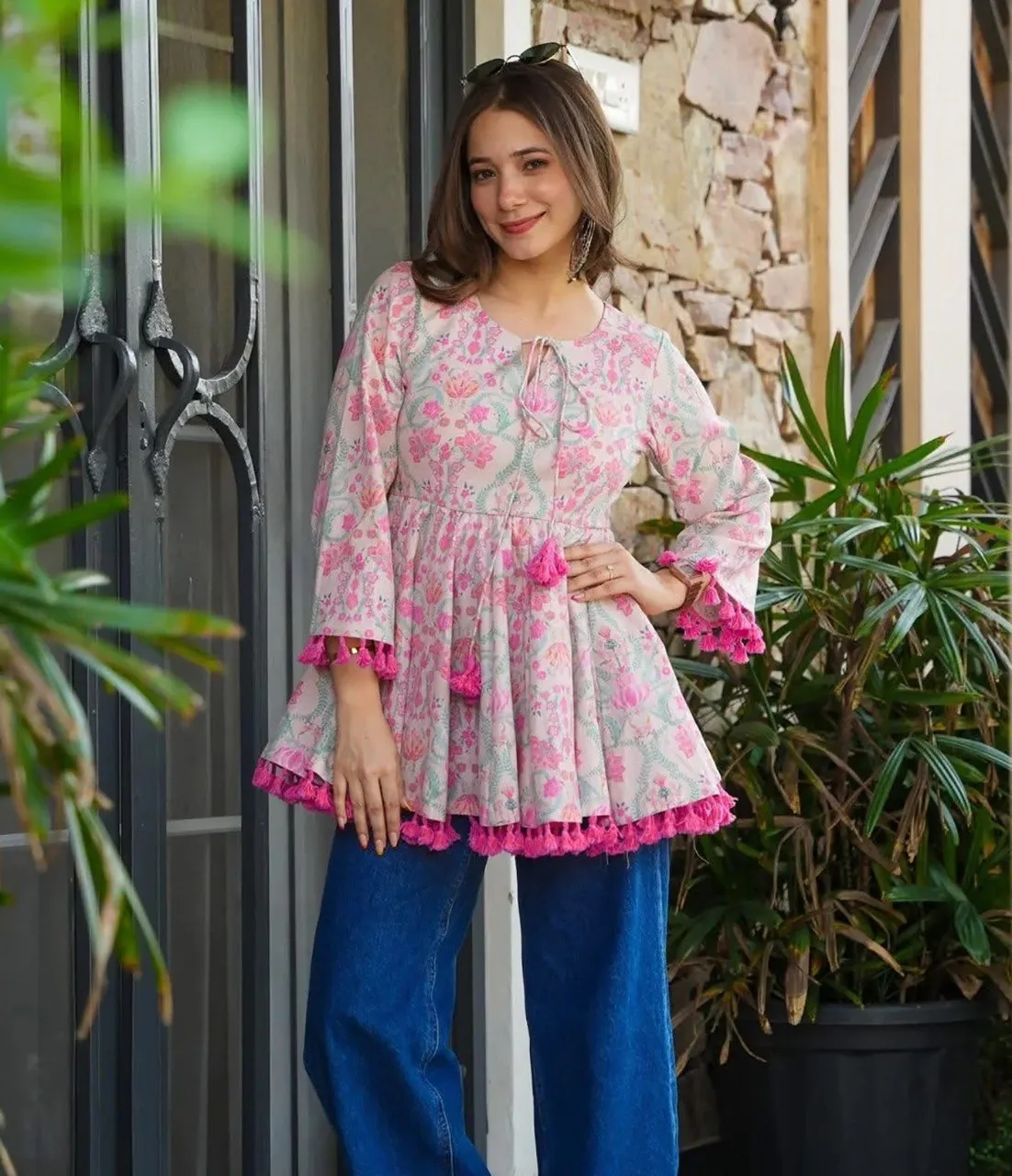Women's Cotton Blend Floral Printed Short Kurti | Ethnic Tunic Top