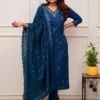 Women Kurta Set with Dupatta – Blue Tesla Embroidered V Neck Straight Kurta with Pants and Matching Dupatta, Cerulean Manbhavan Suit