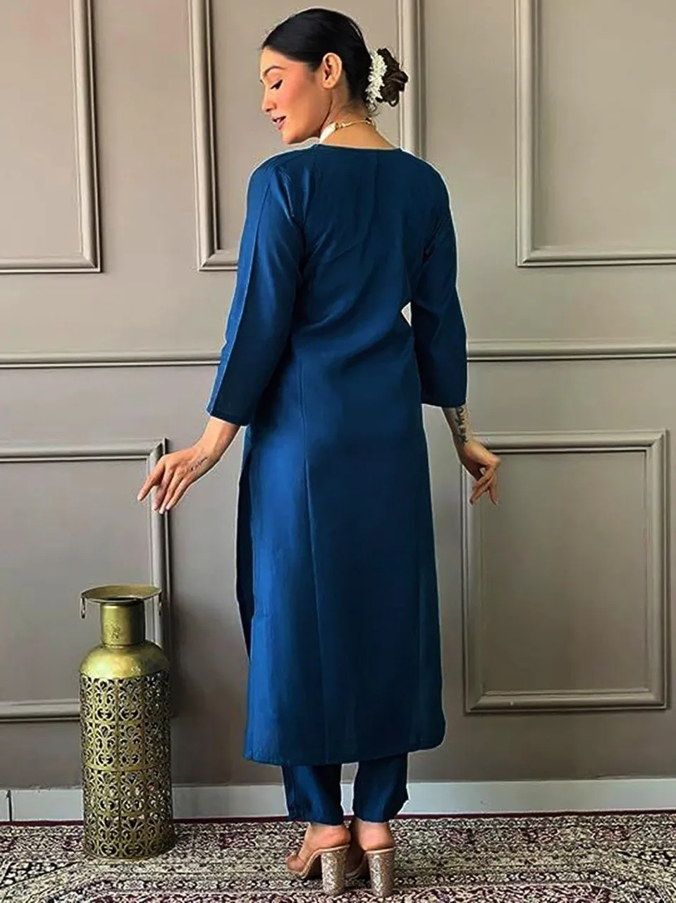 Women Kurta Set with Dupatta – Blue Tesla Embroidered V Neck Straight Kurta with Pants and Matching Dupatta, Cerulean Manbhavan Suit