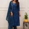 Women Kurta Set with Dupatta – Blue Tesla Embroidered V Neck Straight Kurta with Pants and Matching Dupatta, Cerulean Manbhavan Suit