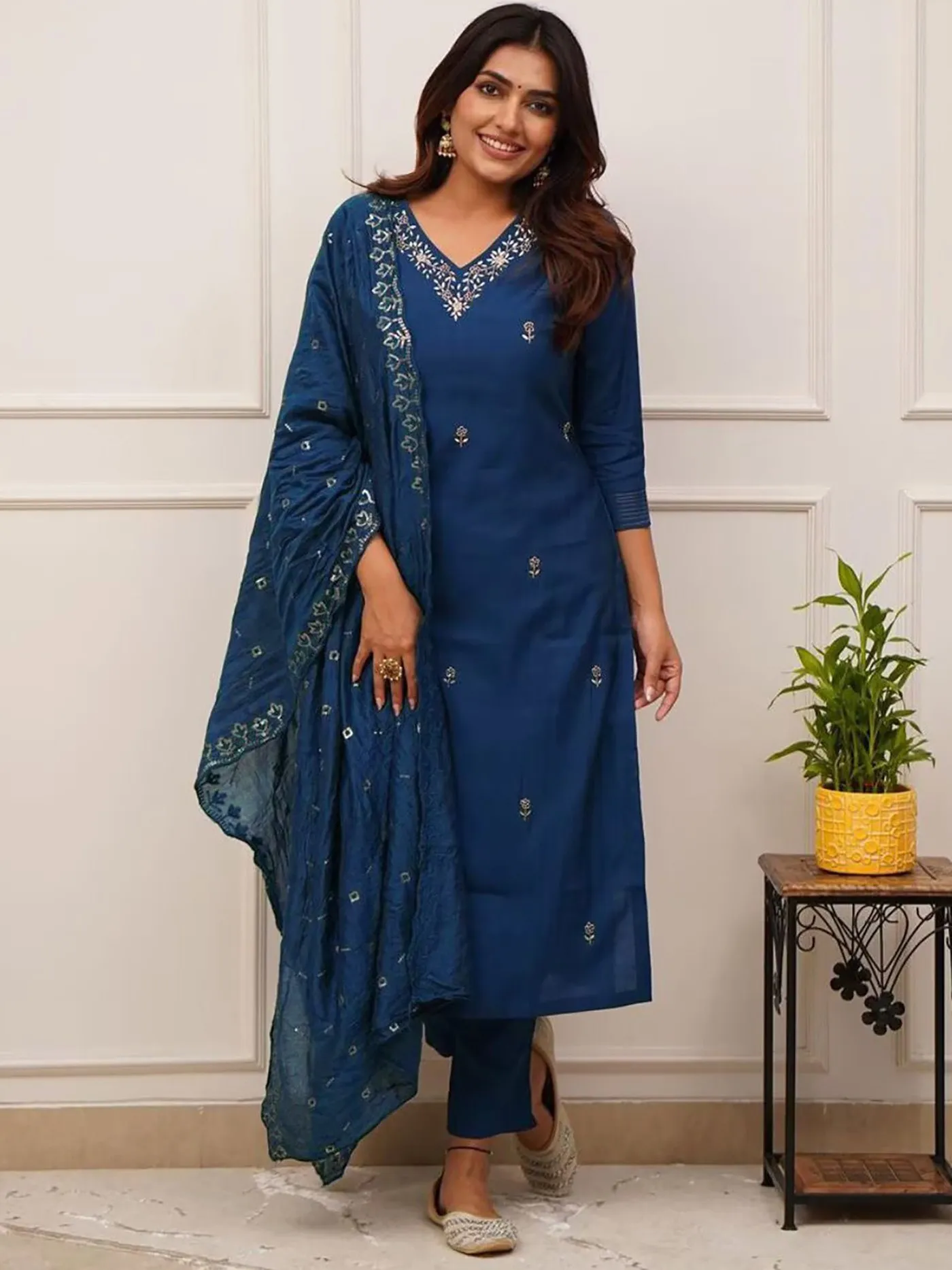 Women Kurta Set with Dupatta – Blue Tesla Embroidered V Neck Straight Kurta with Pants and Matching Dupatta, Cerulean Manbhavan Suit