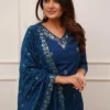 Women Kurta Set with Dupatta – Blue Tesla Embroidered V Neck Straight Kurta with Pants and Matching Dupatta, Cerulean Manbhavan Suit