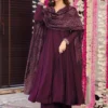 Women’s Vichitra Embroidered Anarkali Palazzo Dupatta Set Long Sleeve Anarkali Kurta with Vichitra Palazzo Chanderi Dupatta