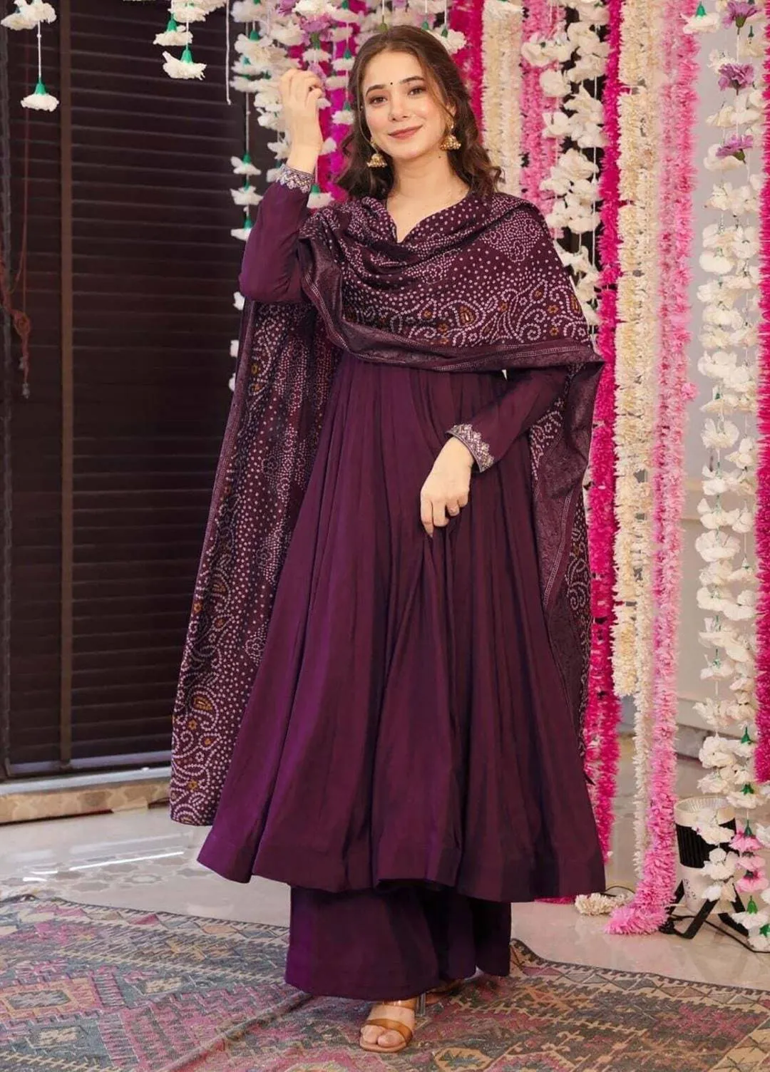 Women’s Vichitra Embroidered Anarkali Palazzo Dupatta Set Long Sleeve Anarkali Kurta with Vichitra Palazzo Chanderi Dupatta