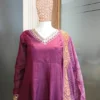Women’s Vichitra Embroidered Anarkali Palazzo Dupatta Set Long Sleeve Anarkali Kurta with Vichitra Palazzo Chanderi Dupatta