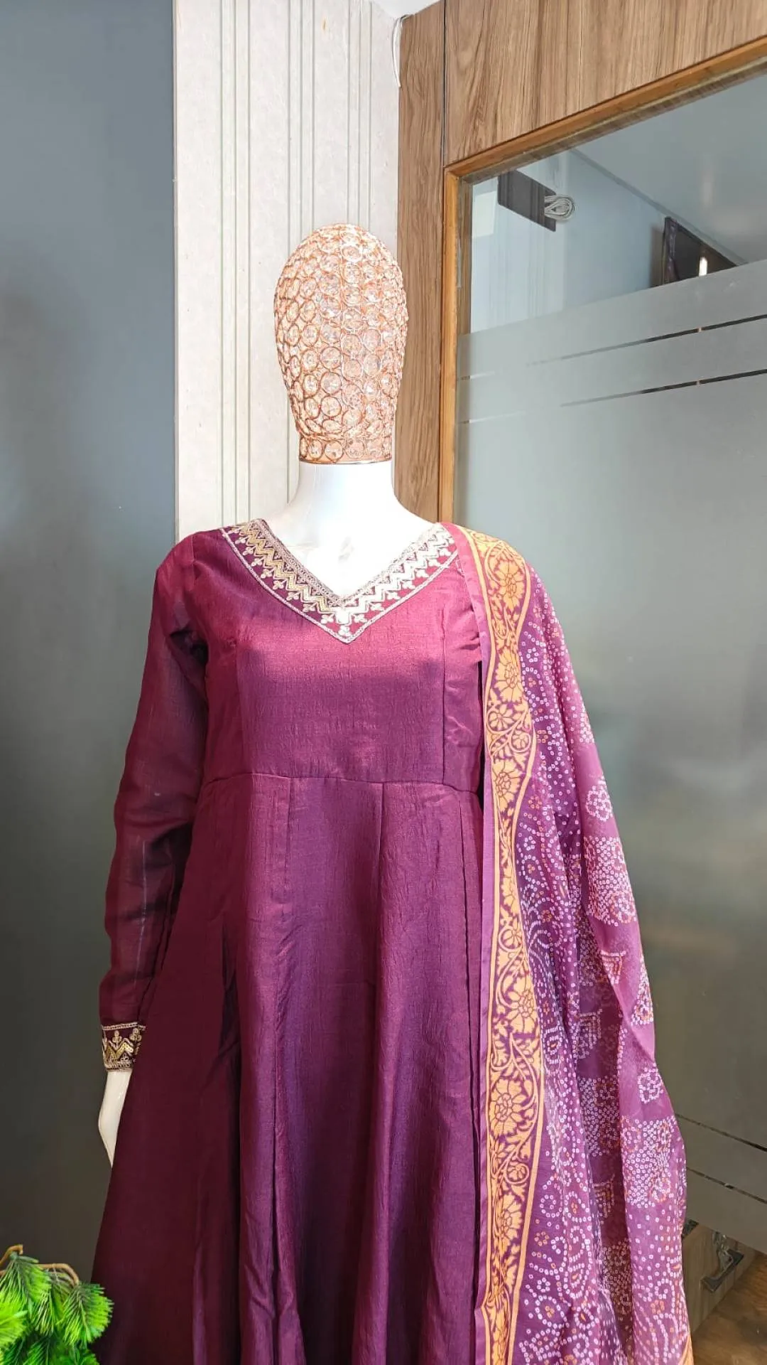 Women’s Vichitra Embroidered Anarkali Palazzo Dupatta Set Long Sleeve Anarkali Kurta with Vichitra Palazzo Chanderi Dupatta
