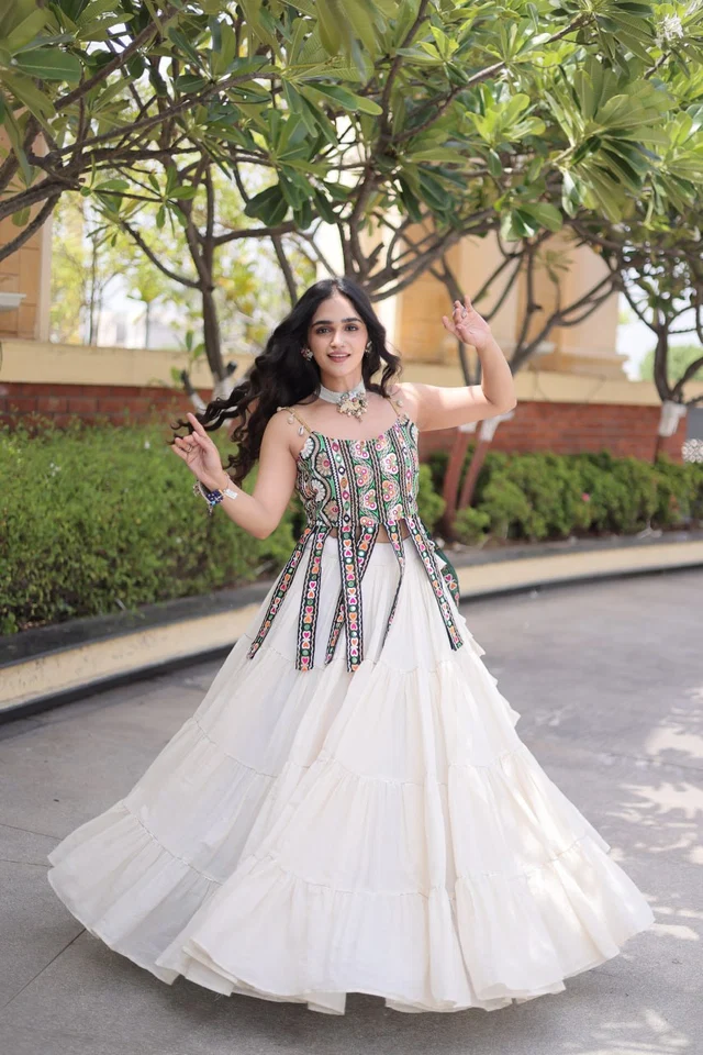 Magnetic White Full Stitched Kora Cotton Lehenga with Designer Sleeveless Blouse Chaniya Choli