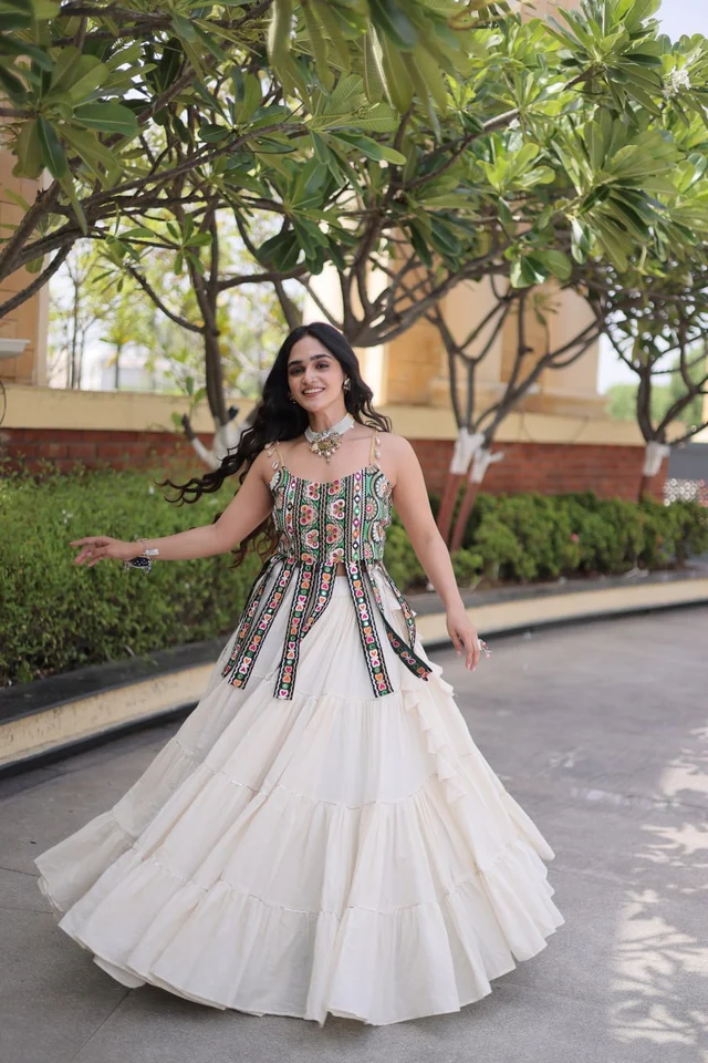 Magnetic White Full Stitched Kora Cotton Lehenga with Designer Sleeveless Blouse Chaniya Choli