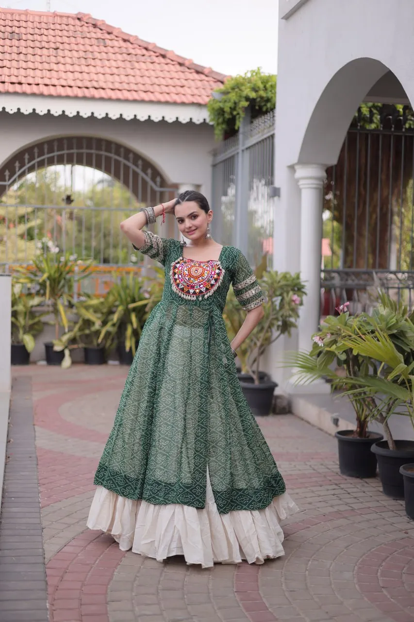 Green Kora Cotton Navaratri Indo Western Long Kurti Skirt