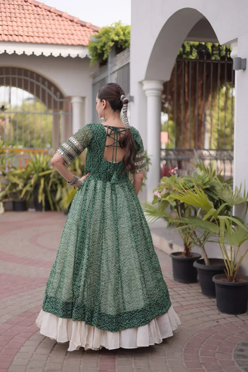 Green Kora Cotton Navaratri Indo Western Long Kurti Skirt