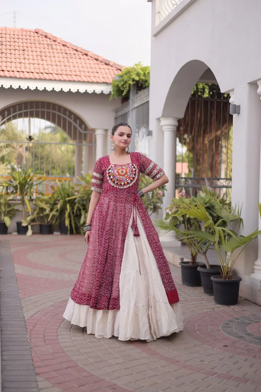 Woman's Pink Kora Cotton Navaratri Indo Western | Georgette Anarkali Kurta Set in Fuchsia and White