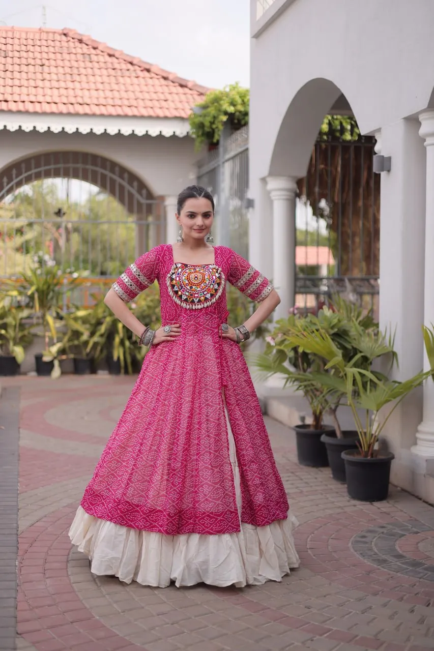 Woman's Pink Kora Cotton Navaratri Indo Western | Georgette Anarkali Kurta Set in Fuchsia and White