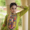 Parrot Green Faux Georgette Bandhani Print Anarkali Gown With Kutchi Patchwork Navratri
