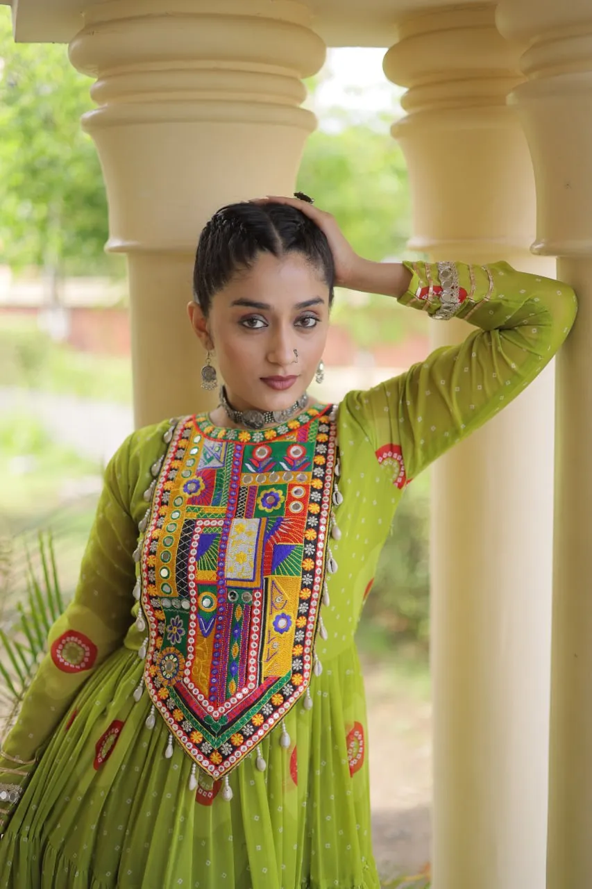 Parrot Green Faux Georgette Bandhani Print Anarkali Gown With Kutchi Patchwork Navratri