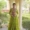 Parrot Green Faux Georgette Bandhani Print Anarkali Gown With Kutchi Patchwork Navratri