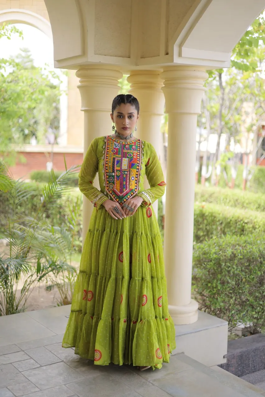 Parrot Green Faux Georgette Bandhani Print Anarkali Gown With Kutchi Patchwork Navratri