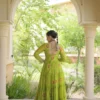 Parrot Green Faux Georgette Bandhani Print Anarkali Gown With Kutchi Patchwork Navratri