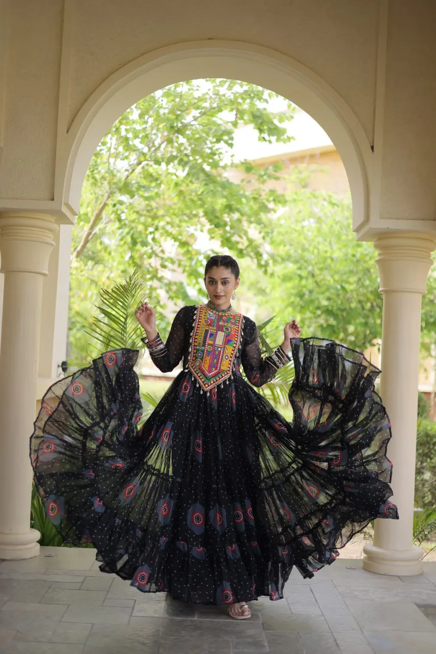 Black Bandhani Print Kutchi Work Faux Georgette Navratri Gown