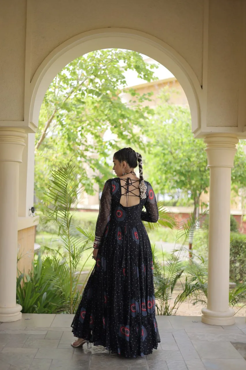 Black Bandhani Print Kutchi Work Faux Georgette Navratri Gown