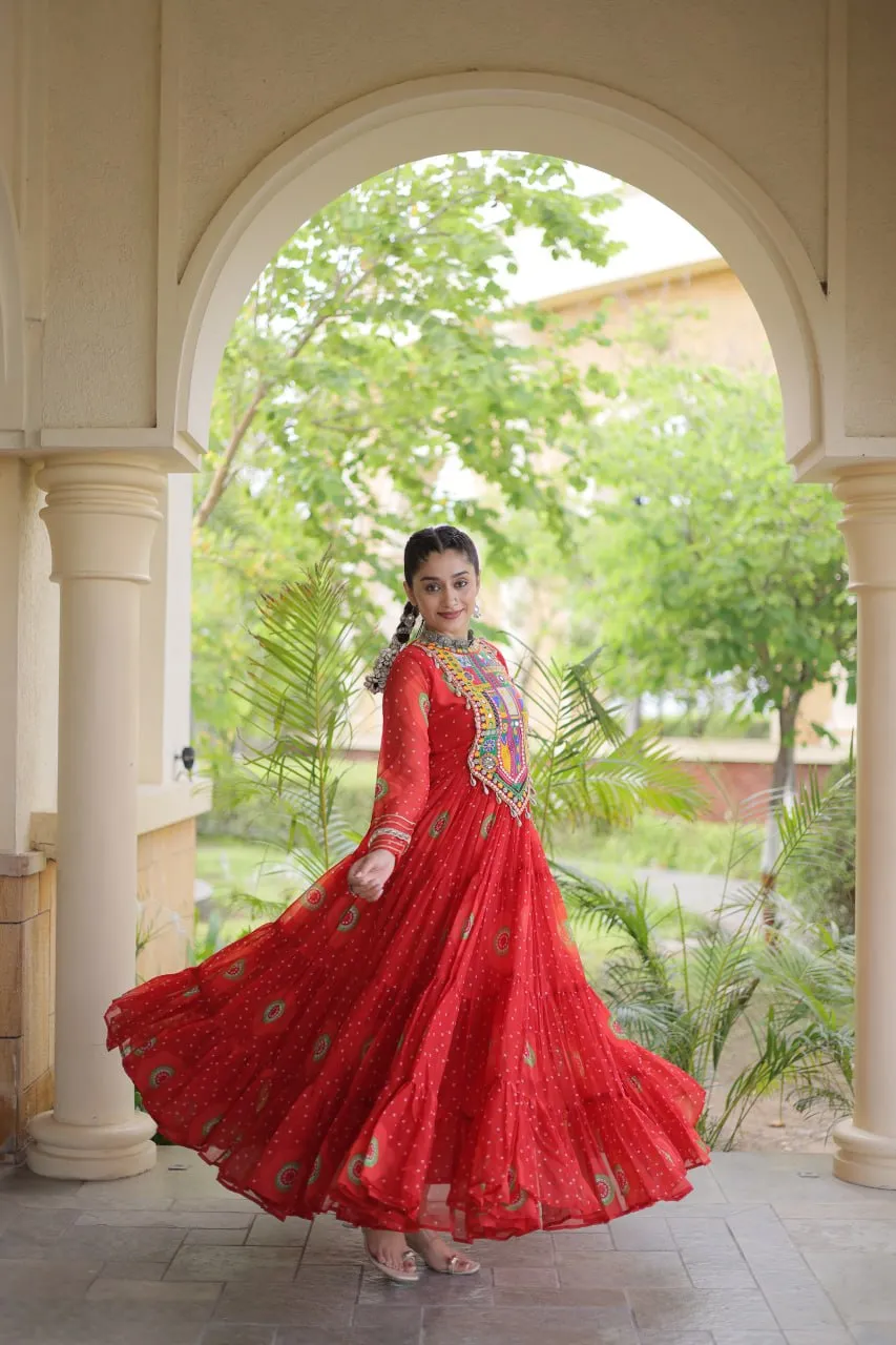 Red Color Readymade Bandhani Printed Georgette Flared Gown
