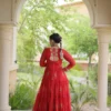 Red Color Readymade Bandhani Printed Georgette Flared Gown