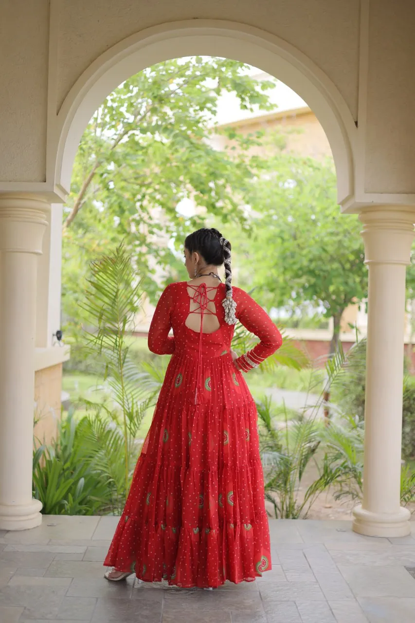 Red Color Readymade Bandhani Printed Georgette Flared Gown