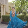 Navratri Sky Blue Bandhani Georgette Print Kutchi Patchwork Flared Gown