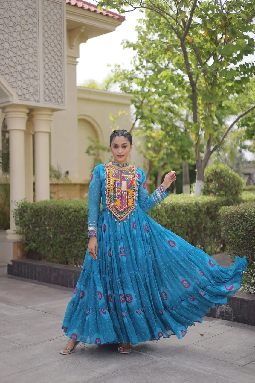 Navratri Sky Blue Bandhani Georgette Print Kutchi Patchwork Flared Gown