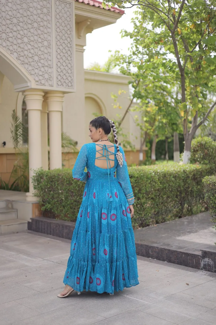 Navratri Sky Blue Bandhani Georgette Print Kutchi Patchwork Flared Gown