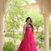 Rani Pink Faux kutchi Work Georgette Leheriya Print Gown with Kutchi Patchwork & Cowrie Shells