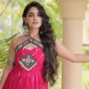Rani Pink Faux kutchi Work Georgette Leheriya Print Gown with Kutchi Patchwork & Cowrie Shells