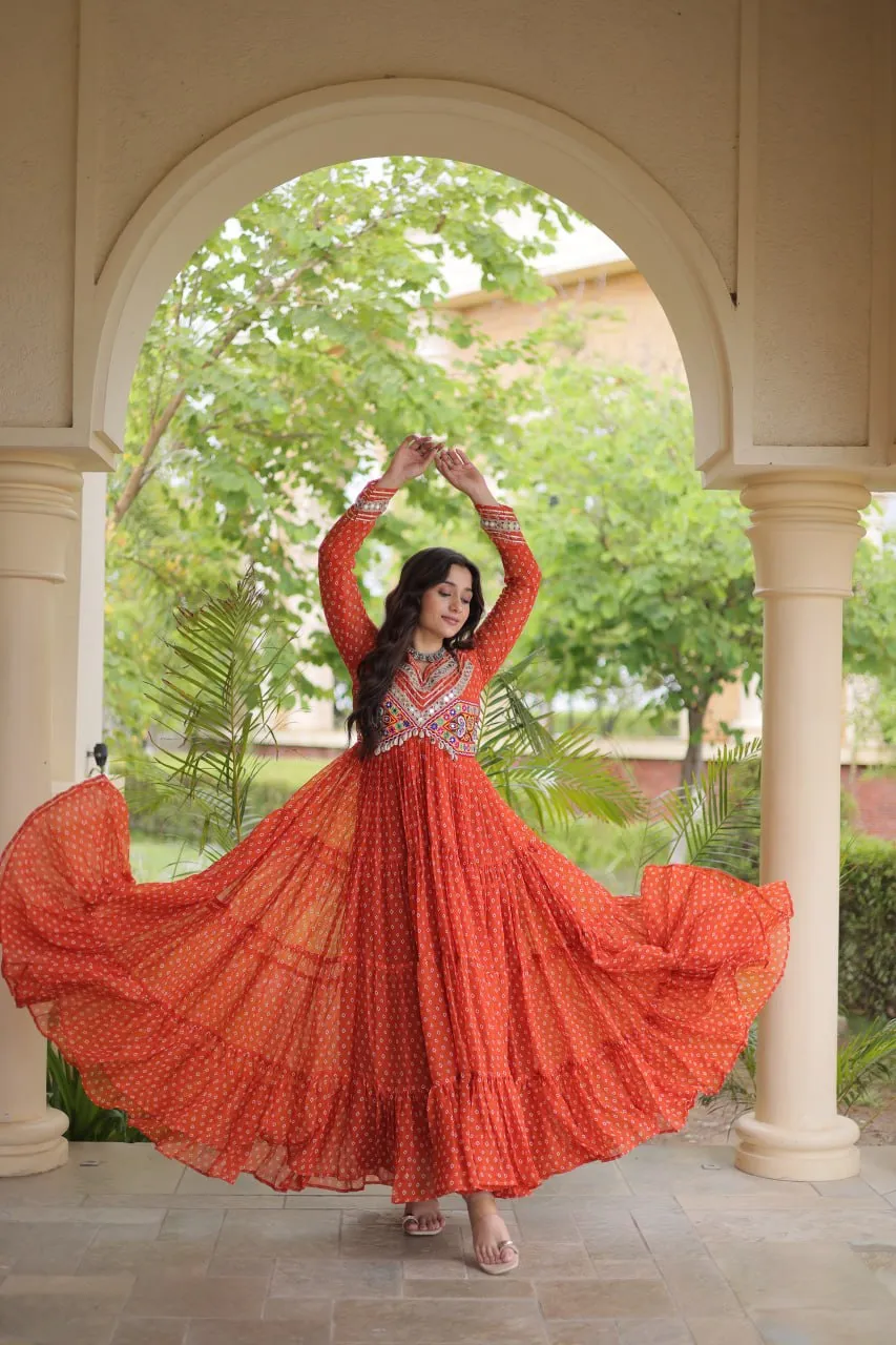 Designer Bandhani Printed V-Neck Gown Ethnic Dresses